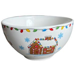 HOLIDAY BOWL Stoneware Gingerbread House People Christmas Lights Snowflakes Xmas